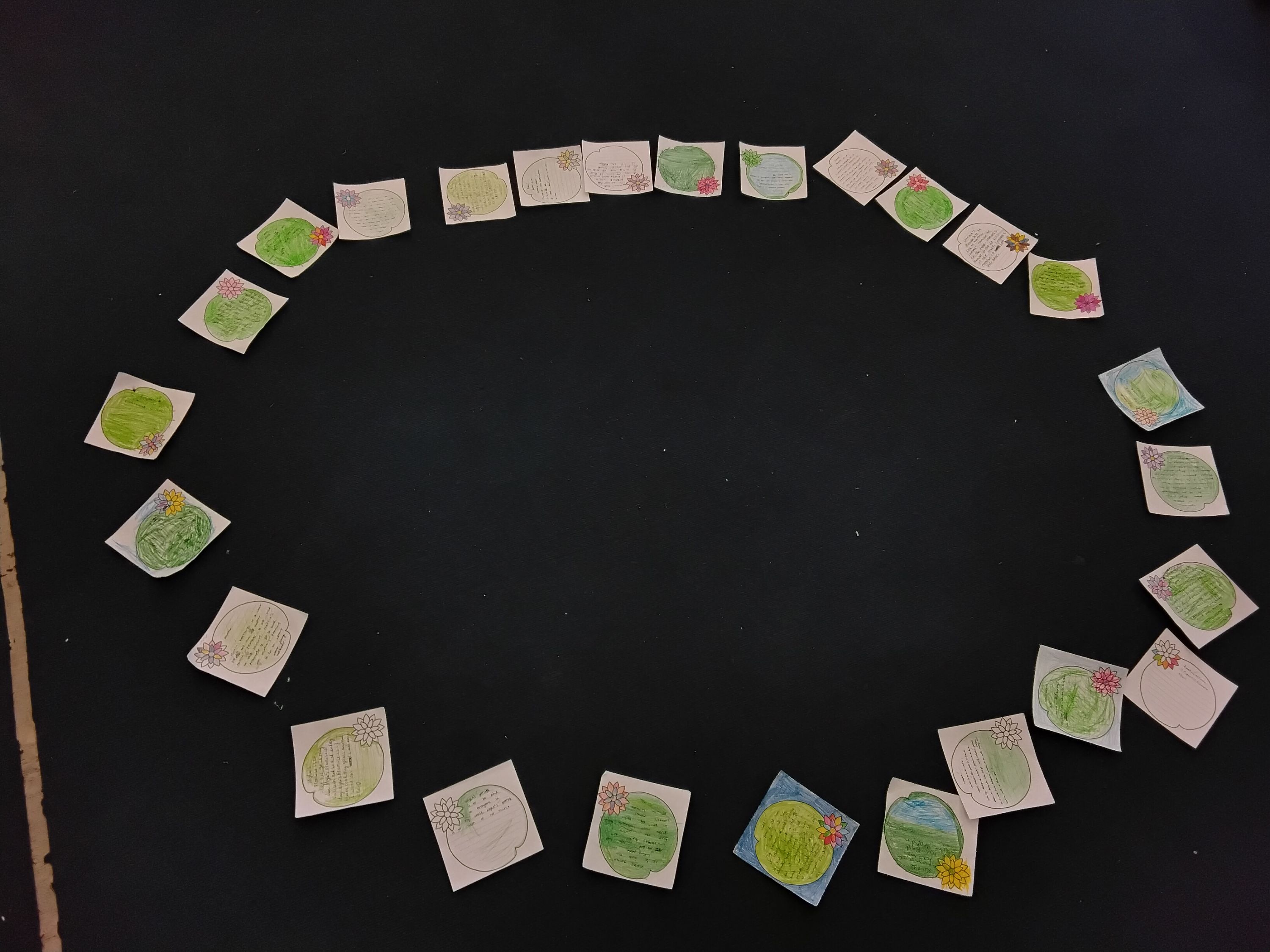 A fake pond on the carpet with lilypads