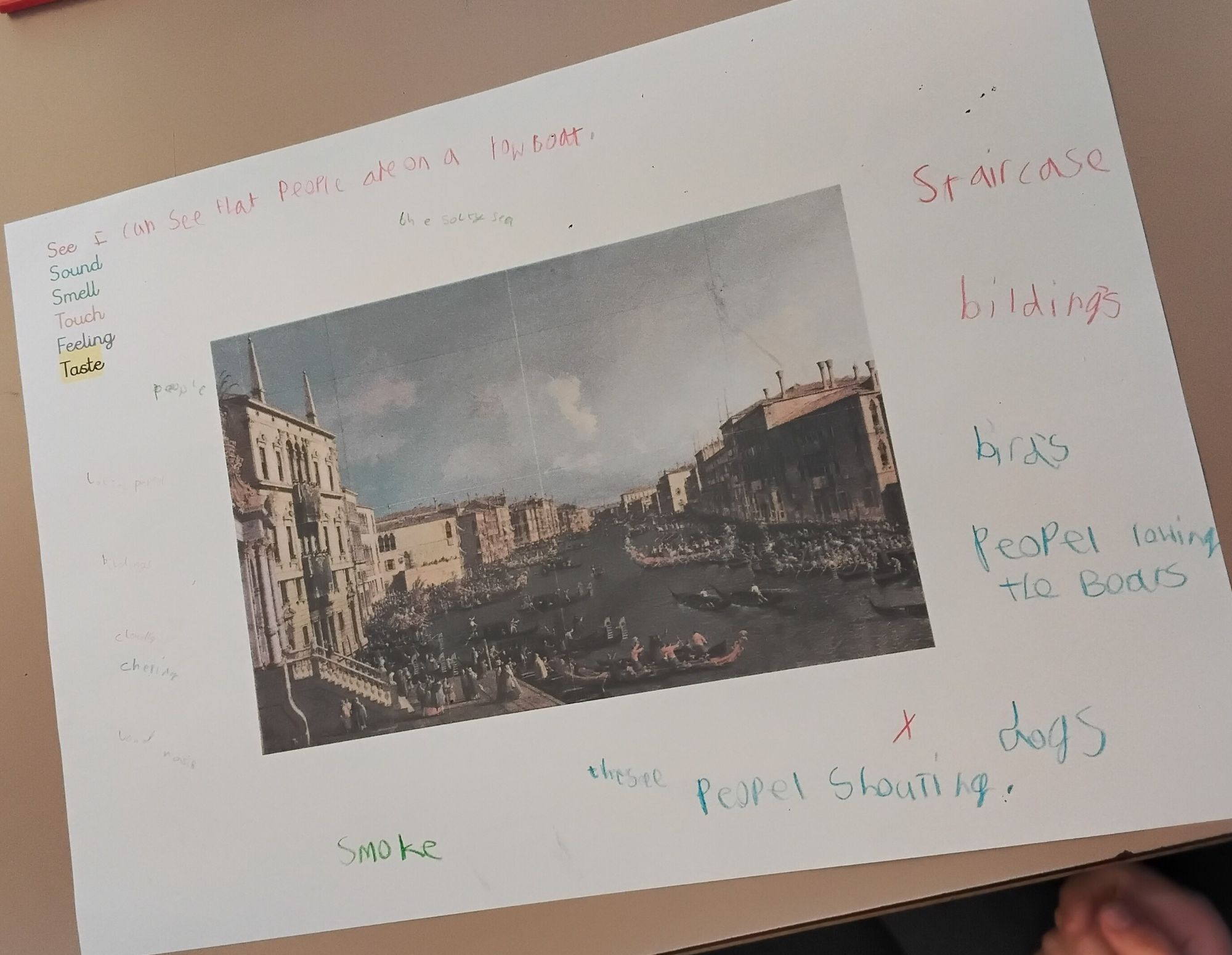 Examining a painting by Canaletto